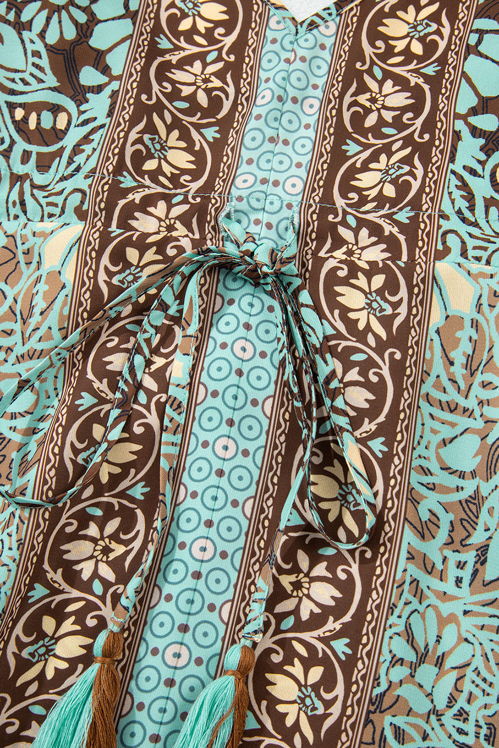 Robe longue à imprimé floral, col en V, bordure à volants, dos nu, taille à pompons