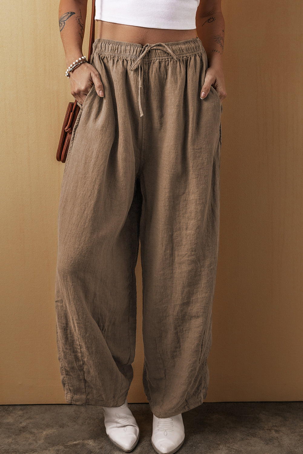 Pantalon large en coton et lin avec cordon de serrage a la taille