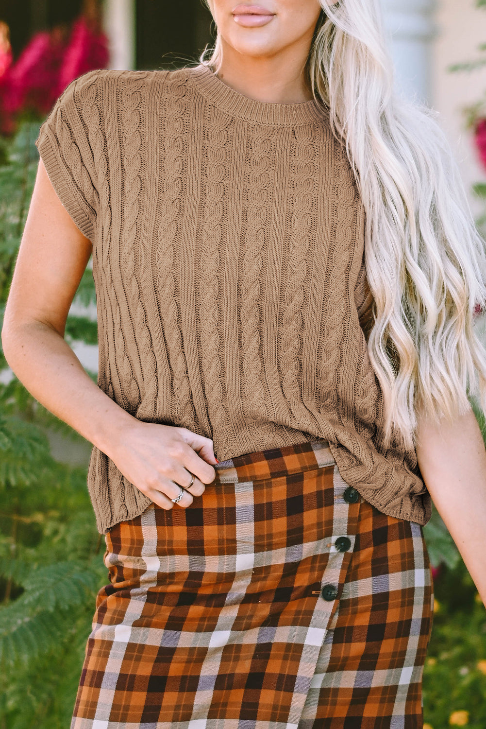 Pull a manches courtes en tricot torsadé a col rond