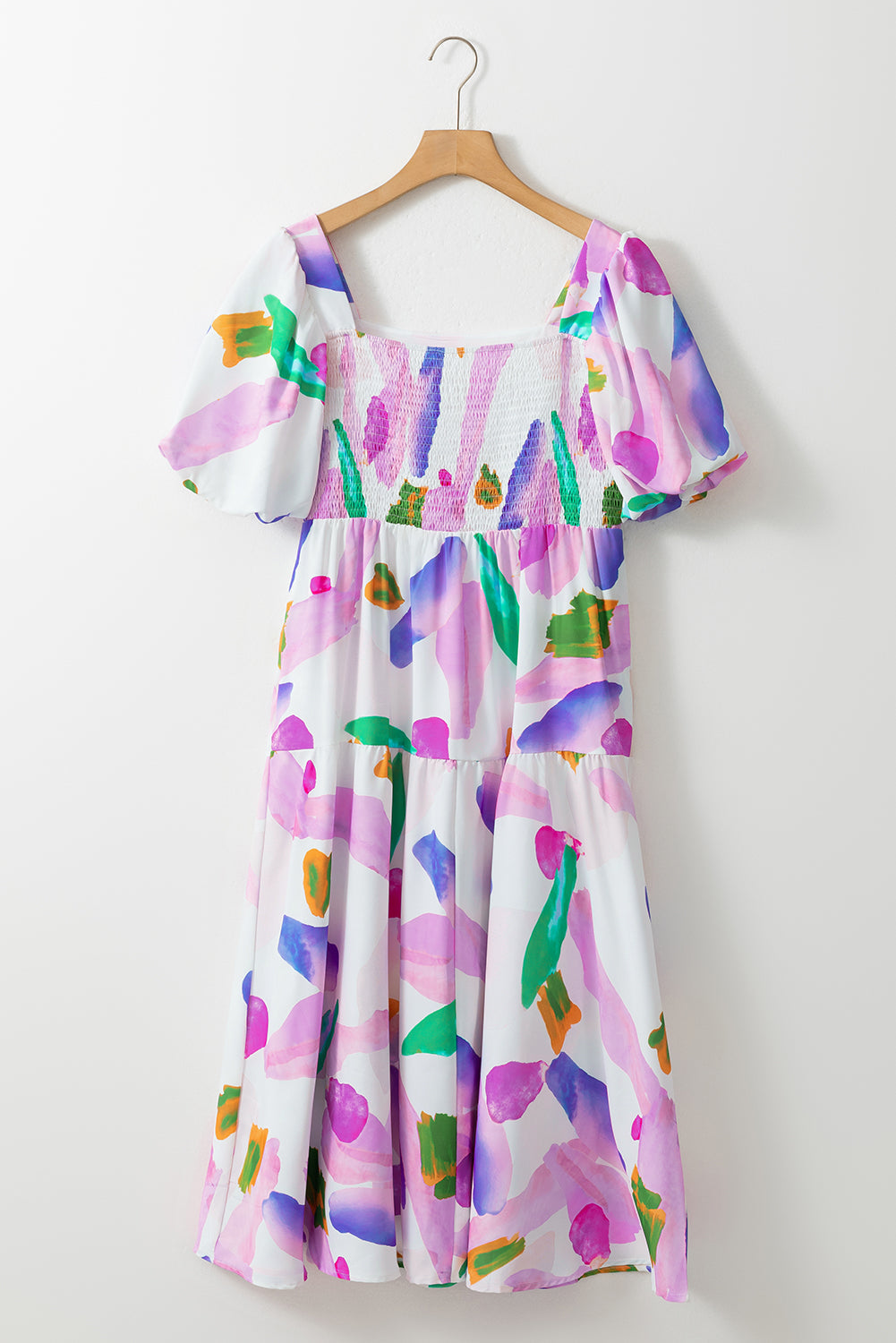 Robe midi à manches bouffantes et dos froncé à imprimé abstrait