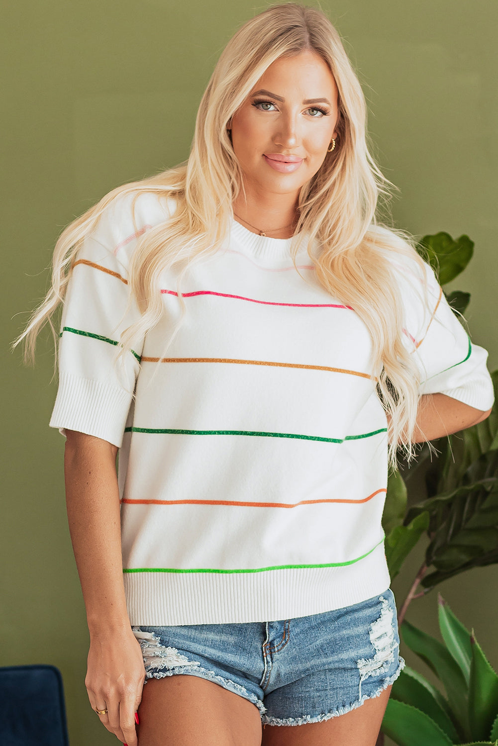 Pull rayé a manches mi-longues et épaules tombantes
