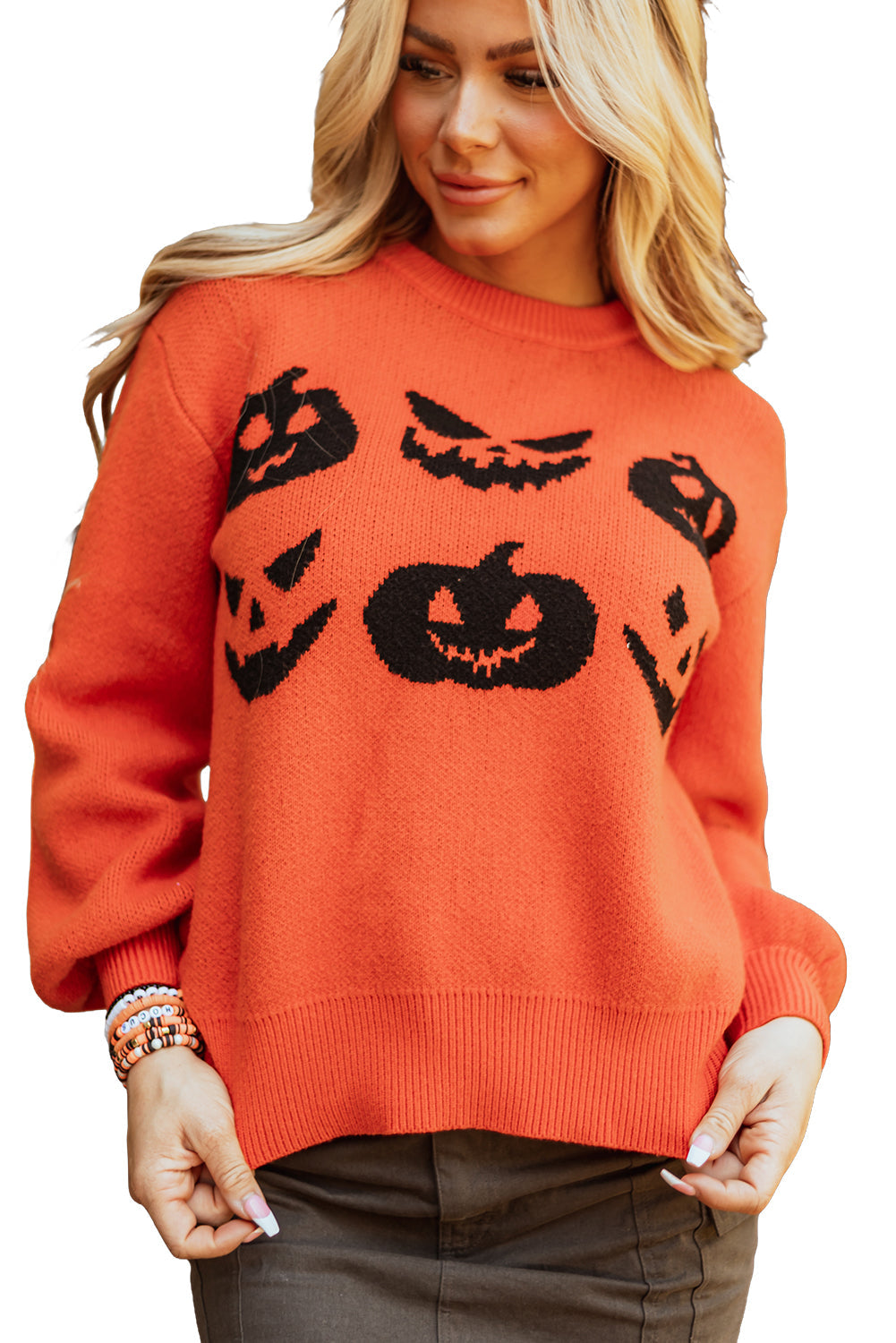Pull a épaules tombantes a motif de visage de citrouille d'Halloween