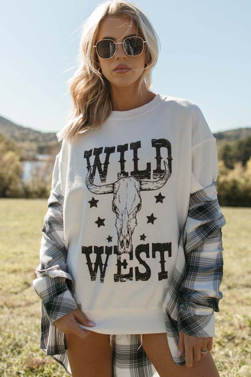 Sweat-shirt côtelé graphique WILD WEST Steer Skull