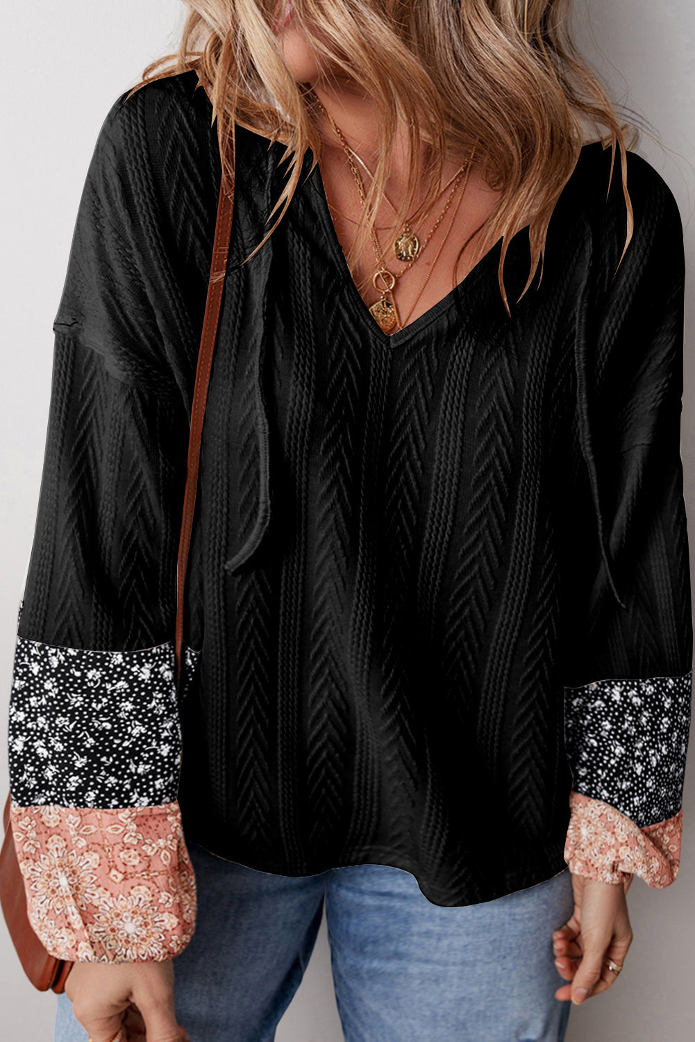 Blouse a col en V avec cordon de serrage en tricot texturé patchwork floral
