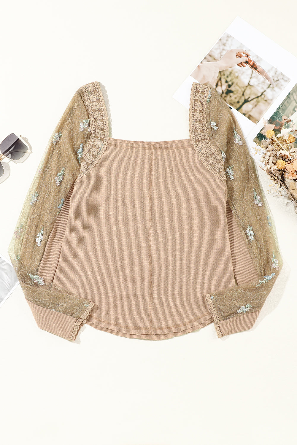 Haut en tricot cotelé patchwork à manches en gaze florale