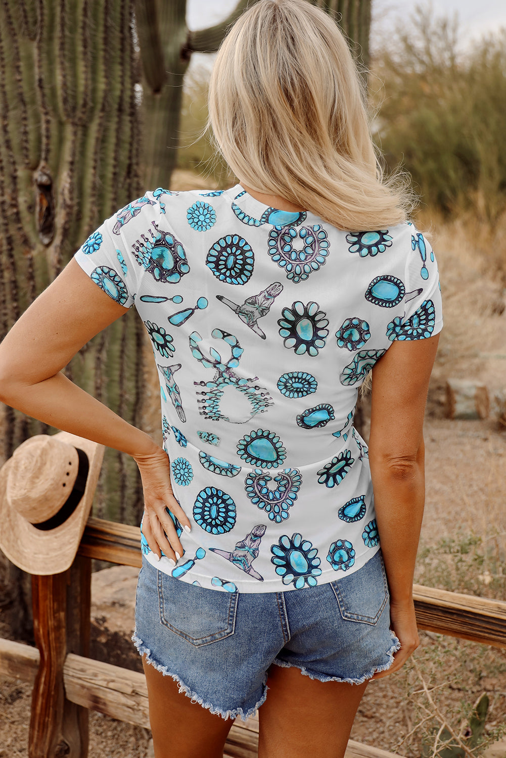 T-shirt slim à col ras du cou imprimé turquoise western