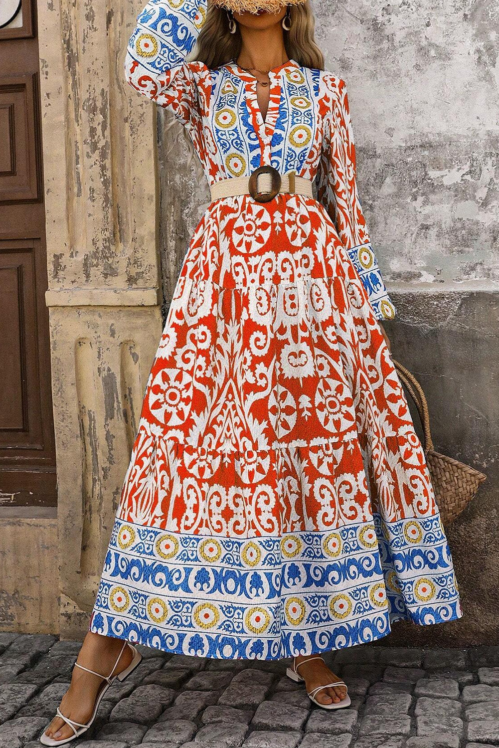 Robe longue bohème à manches longues et imprimé géométrique