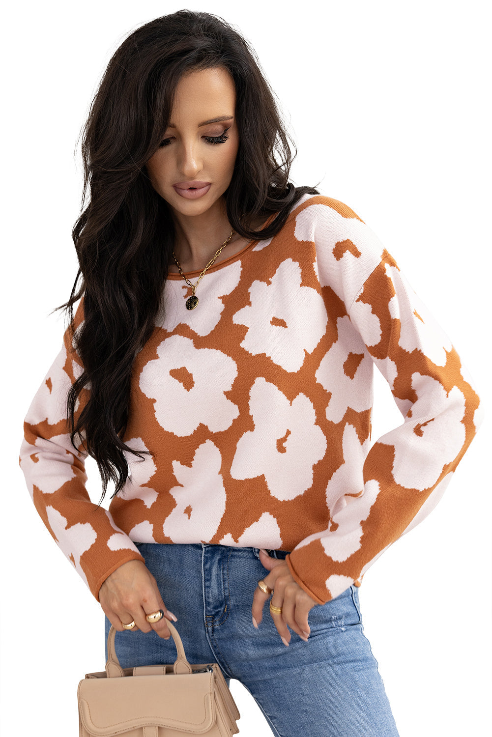 Pull ample a manches longues et col rond a motif floral