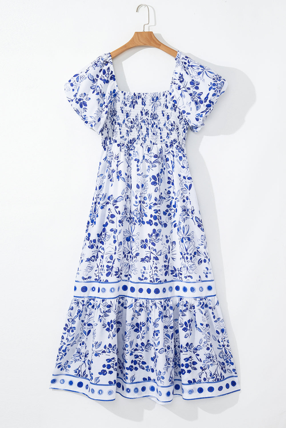Robe longue à imprimé floral, col carré, manches bouffantes, taille haute