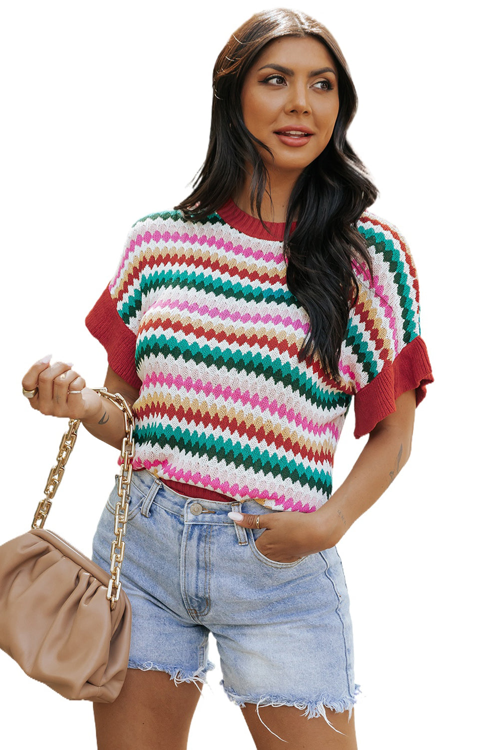 Pull texturé coloré a manches volantées et bordures
