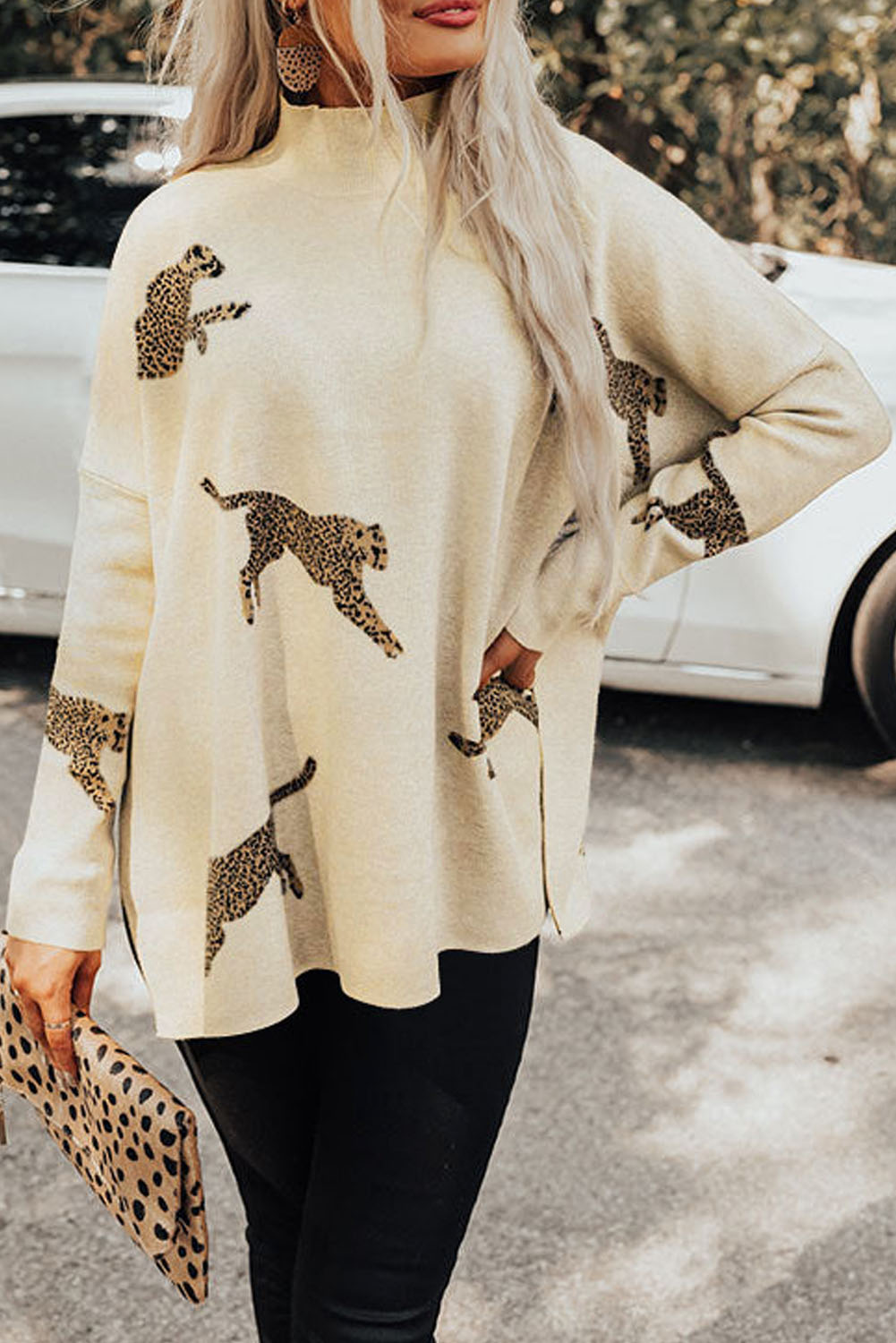 Pull Lively Cheetah imprimé à col haut et ourlet fendu
