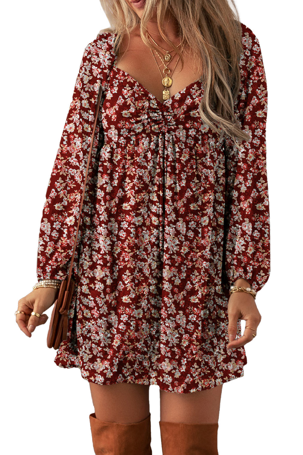 Mini-robe à imprimé floral et col en cœur, dos froncé