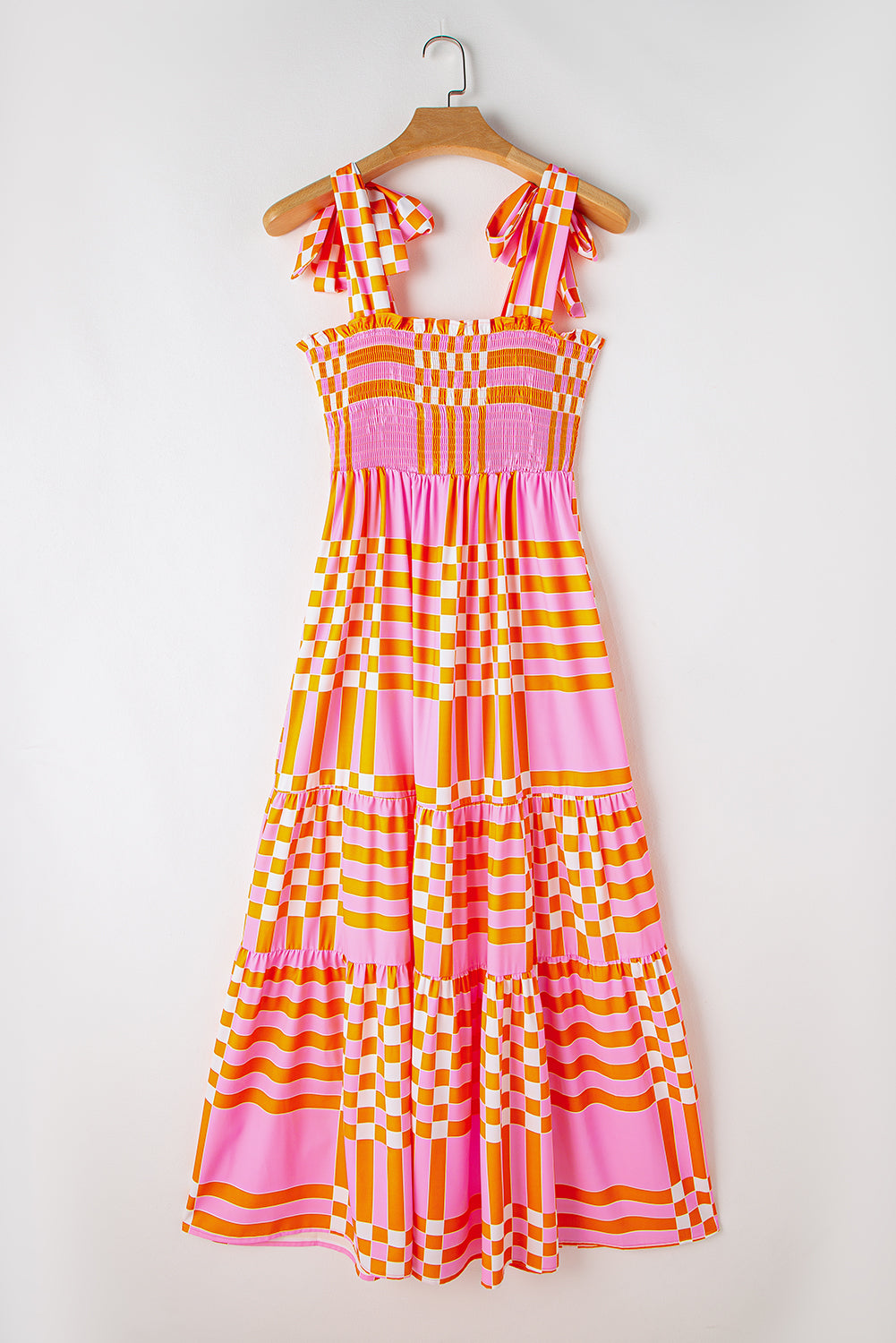 Robe longue smockée à bretelles nouées et vichy style bohème