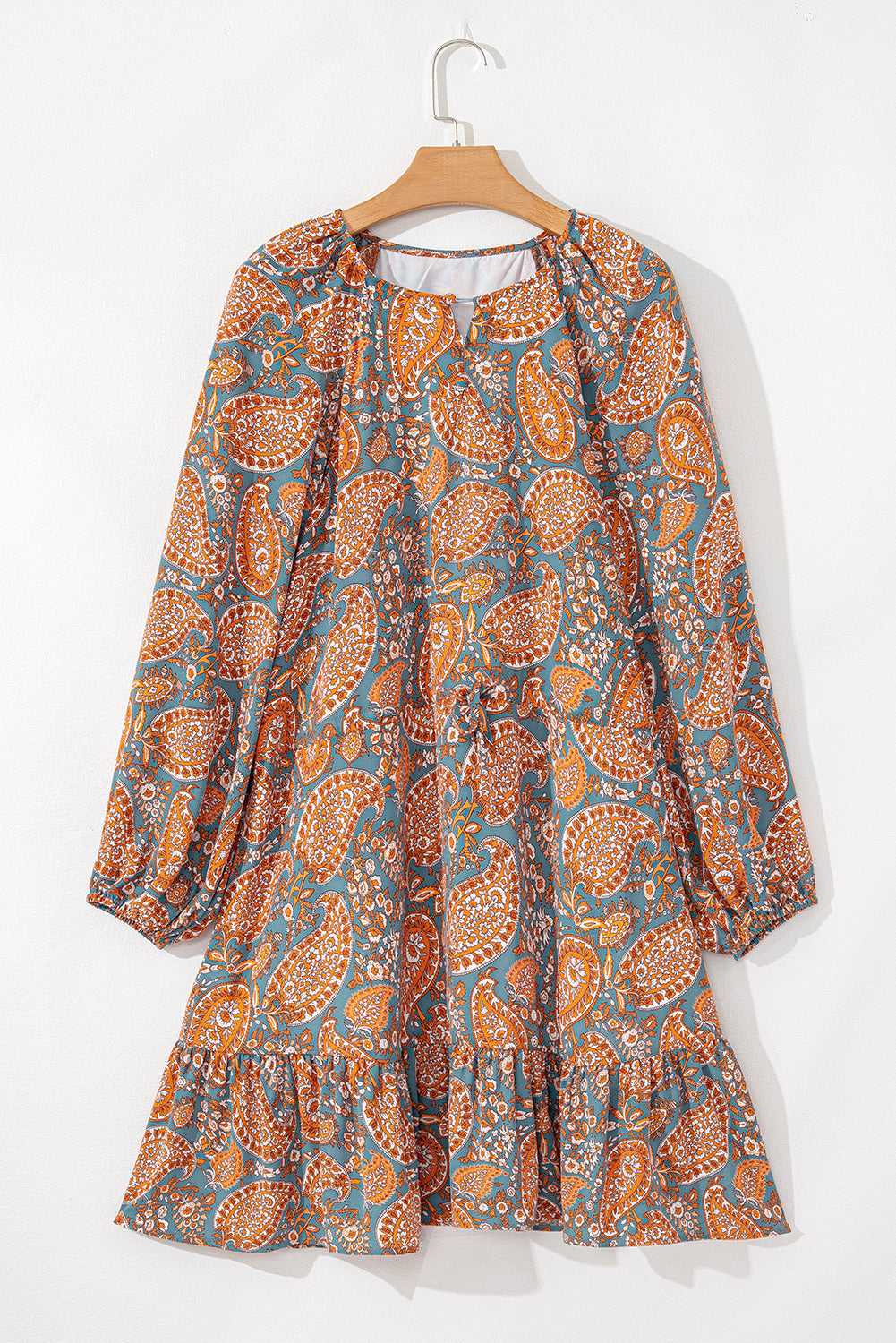 Mini-robe taille haute a imprimé cachemire, coupe ample, cordon de serrage