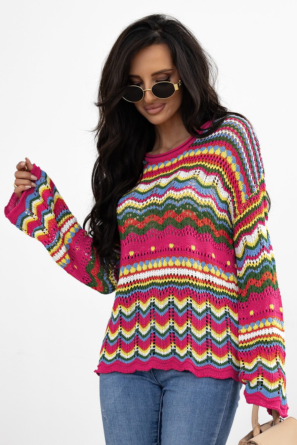 Pull a manches amples en tricot ajouré a rayures color block