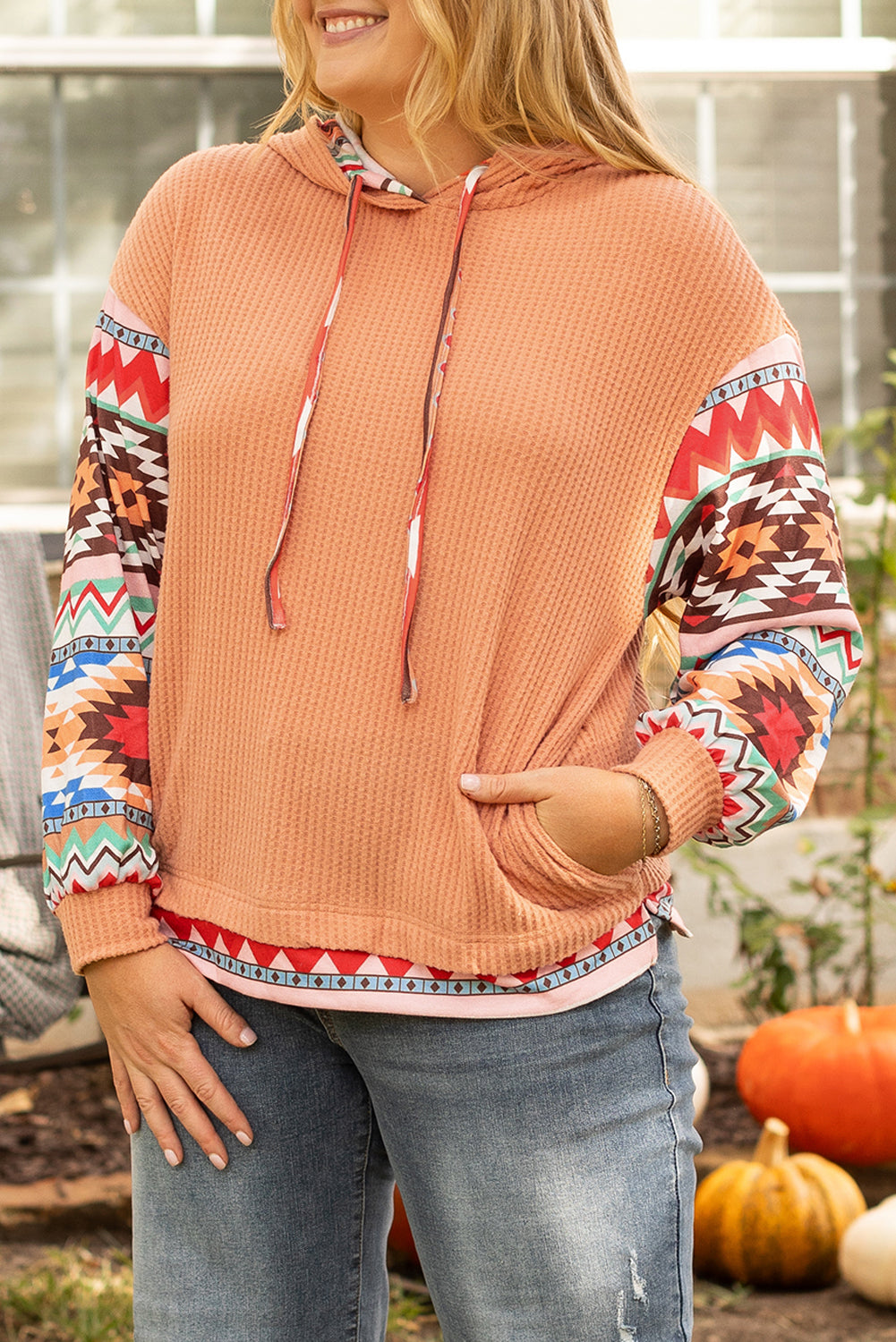Sweat a capuche Aztec Patchwork Waffle Knit de grande taille