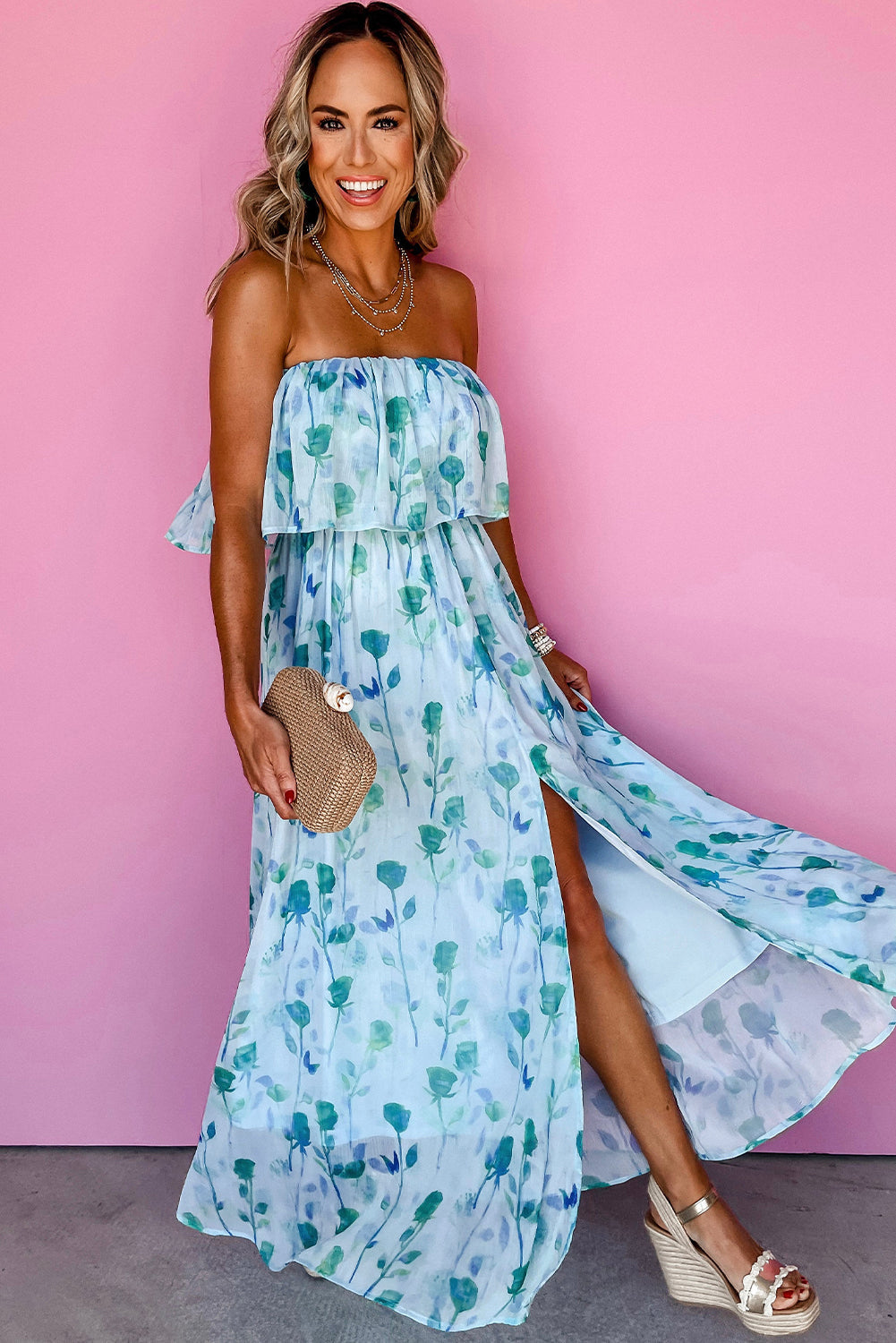 Robe longue tube à imprimé floral et à volants avec fente latérale