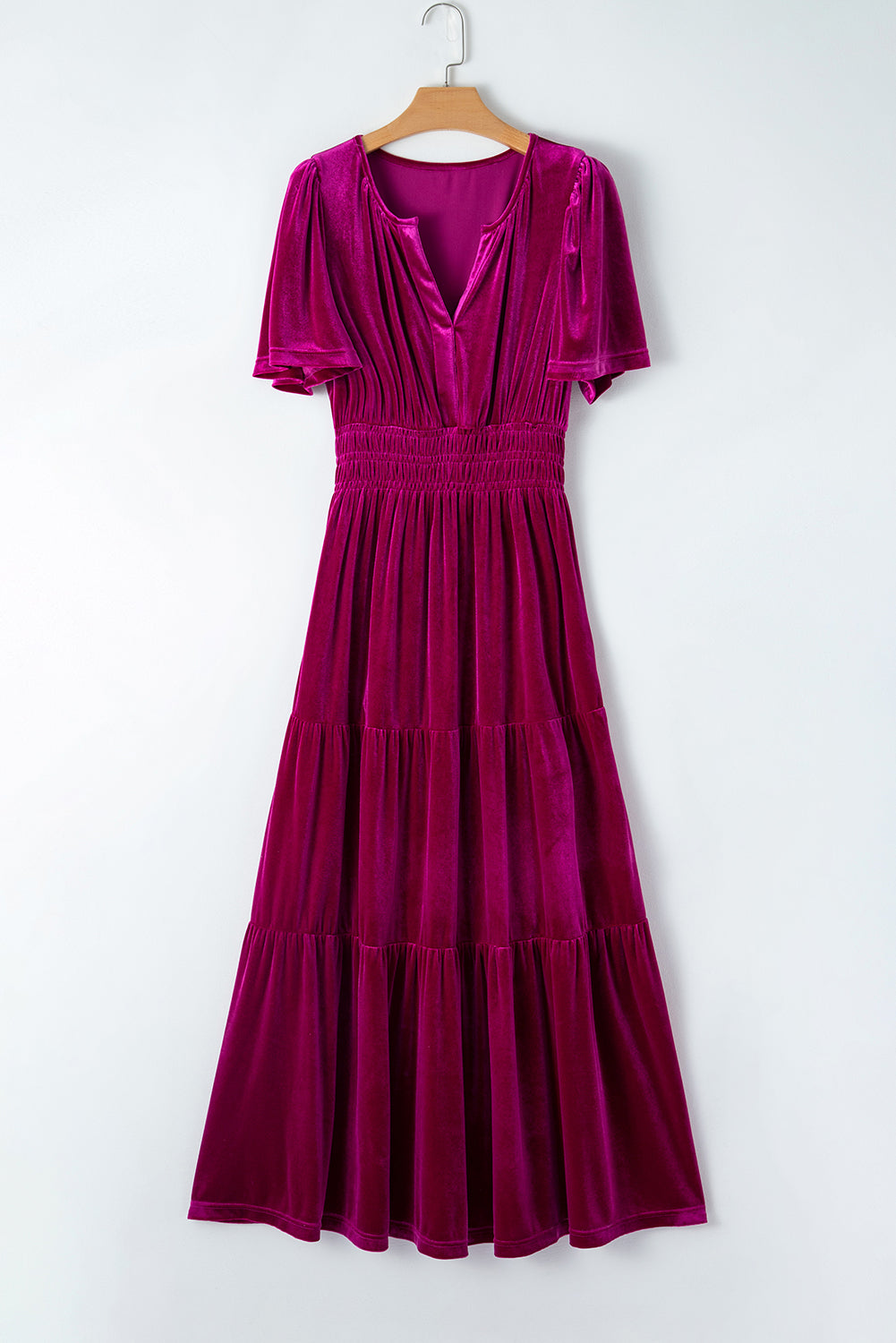 Robe longue en velours à manches courtes et taille froncée à plusieurs niveaux