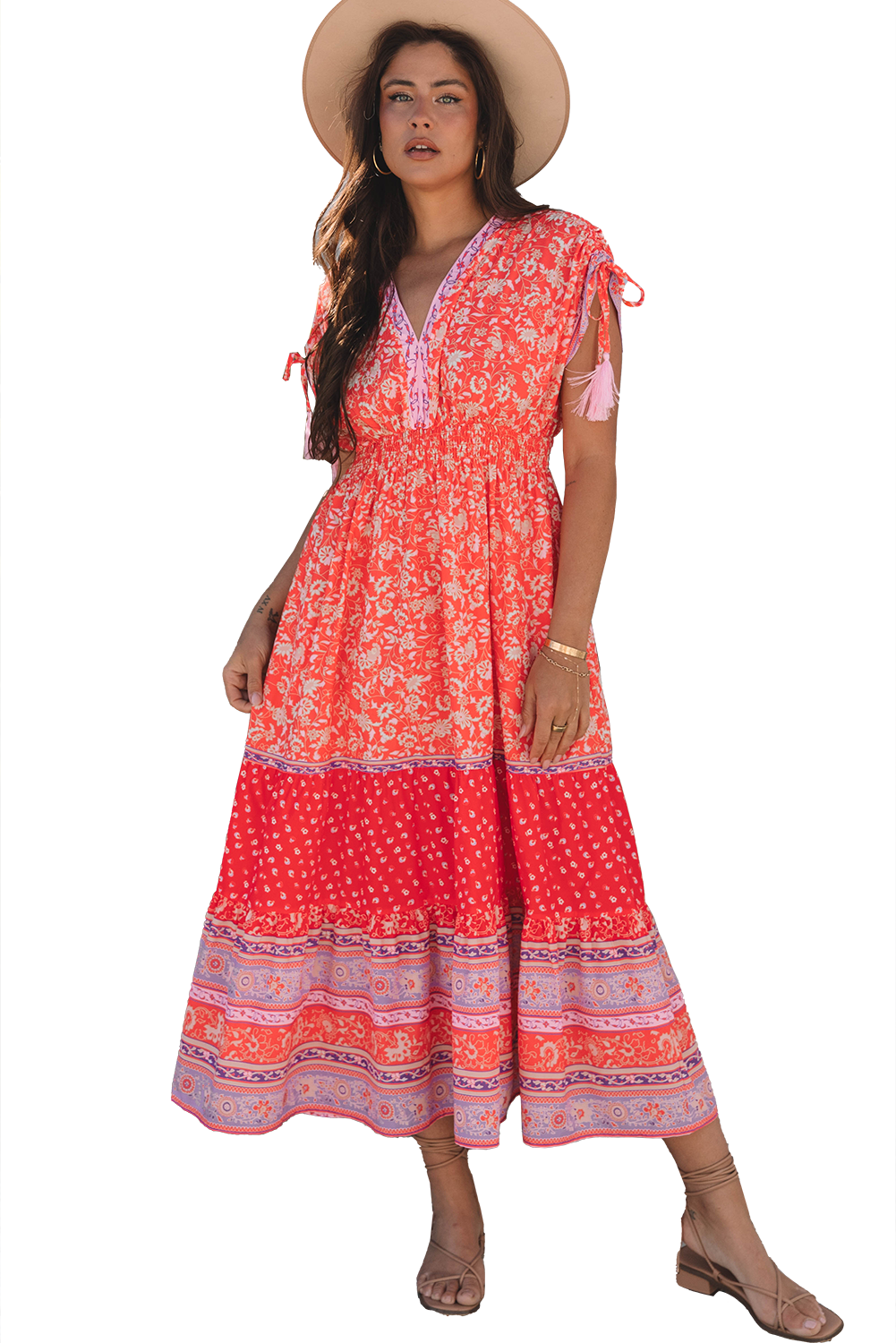 Robe longue taille empire à imprimé floral et manches nouées à pompons