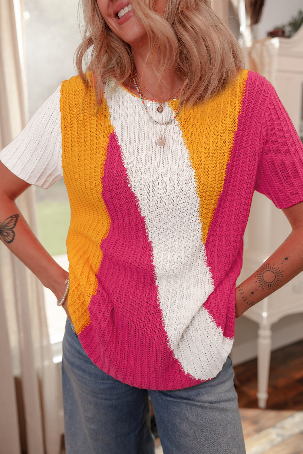 Pull a manches courtes en tricot texturé color block