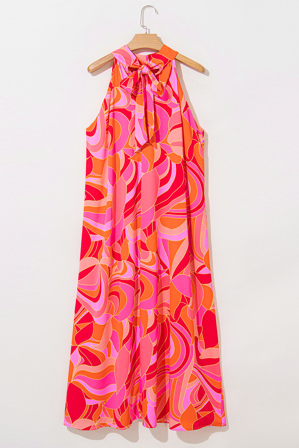 Robe longue sans manches à imprimé abstrait, col haut et nuque nouée