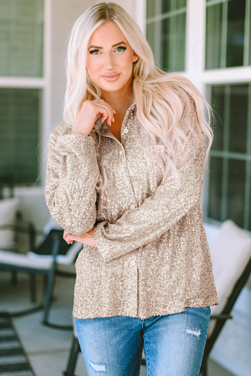 Chemise boutonnée avec poche buste et col à sequins