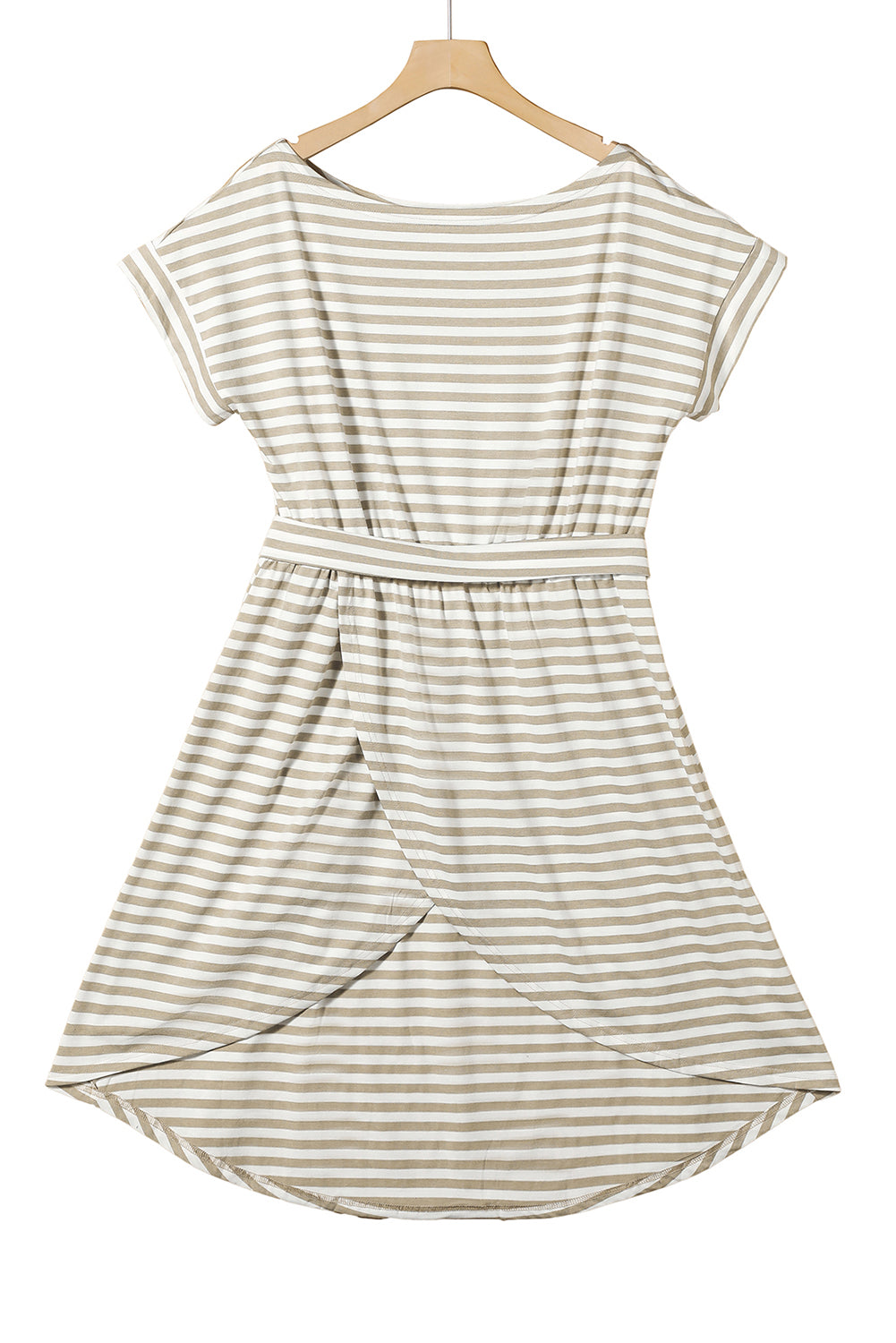 Robe t-shirt rayée a manches courtes et ourlet enveloppé avec ceinture
