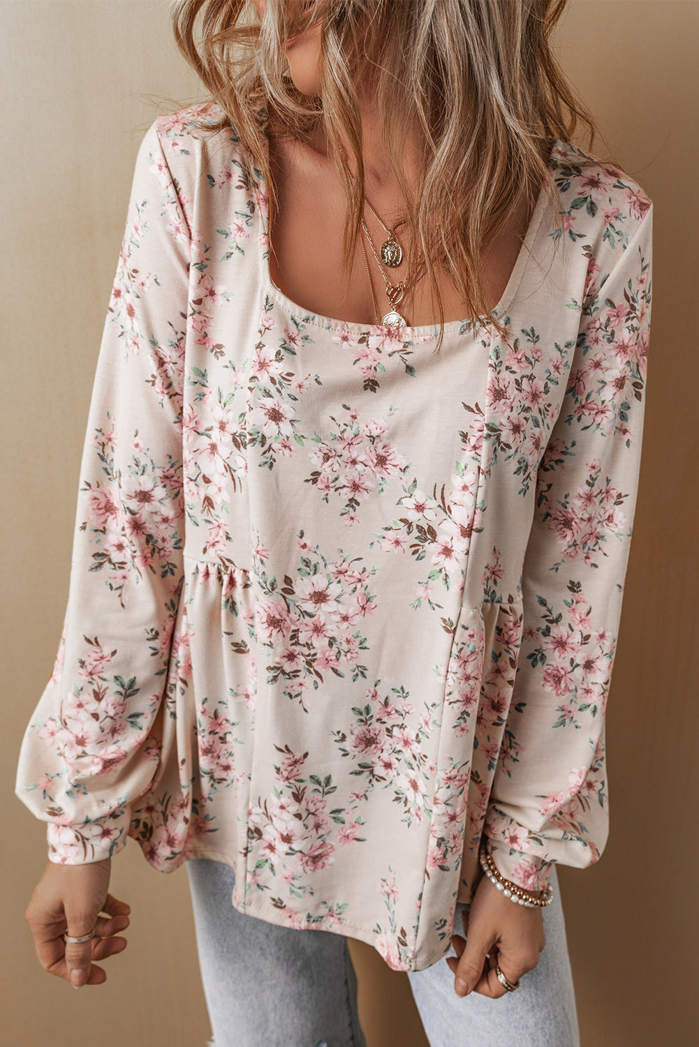 Blouse ample plissée a imprimé floral et col en U