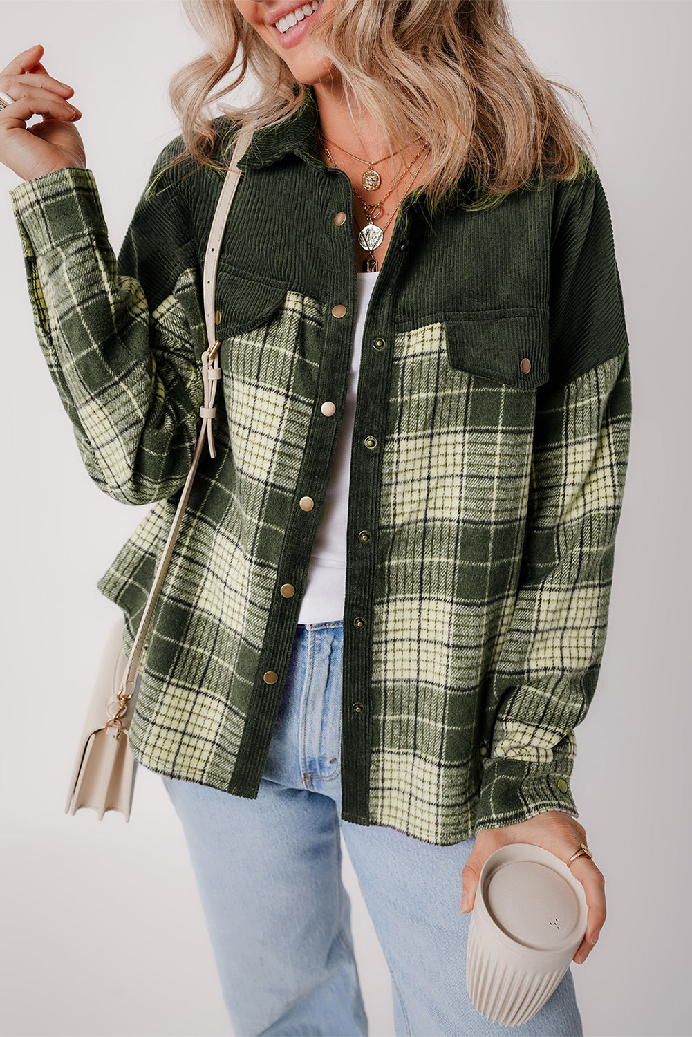 Veste à carreaux color block avec boutons-pression