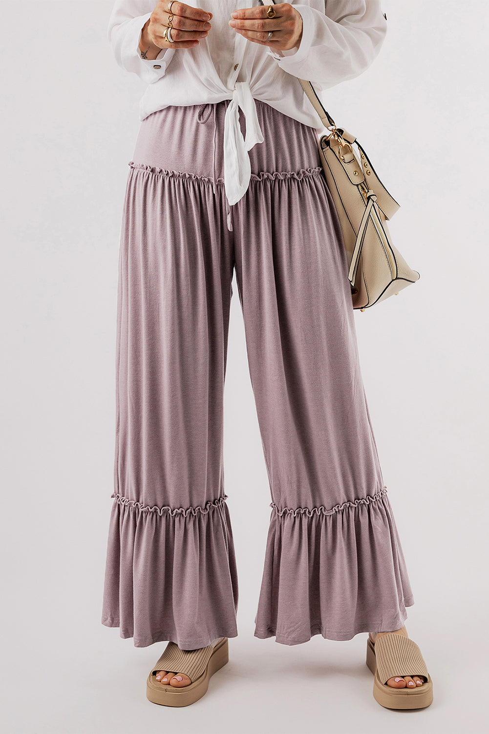 Pantalon large taille haute avec cordon de serrage et volants