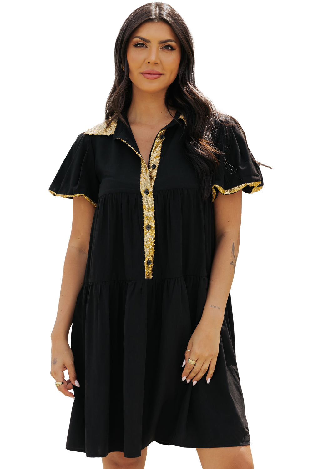 Robe chemise à manches bouffantes et bordure en sequins pour le jour du match