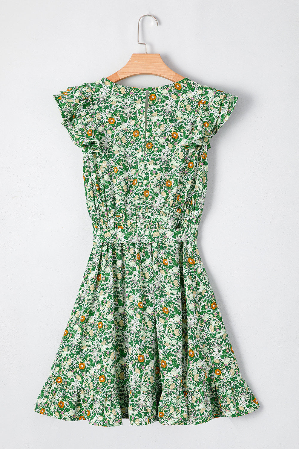 Robe courte à volants, col en V, manches flottantes et imprimé floral