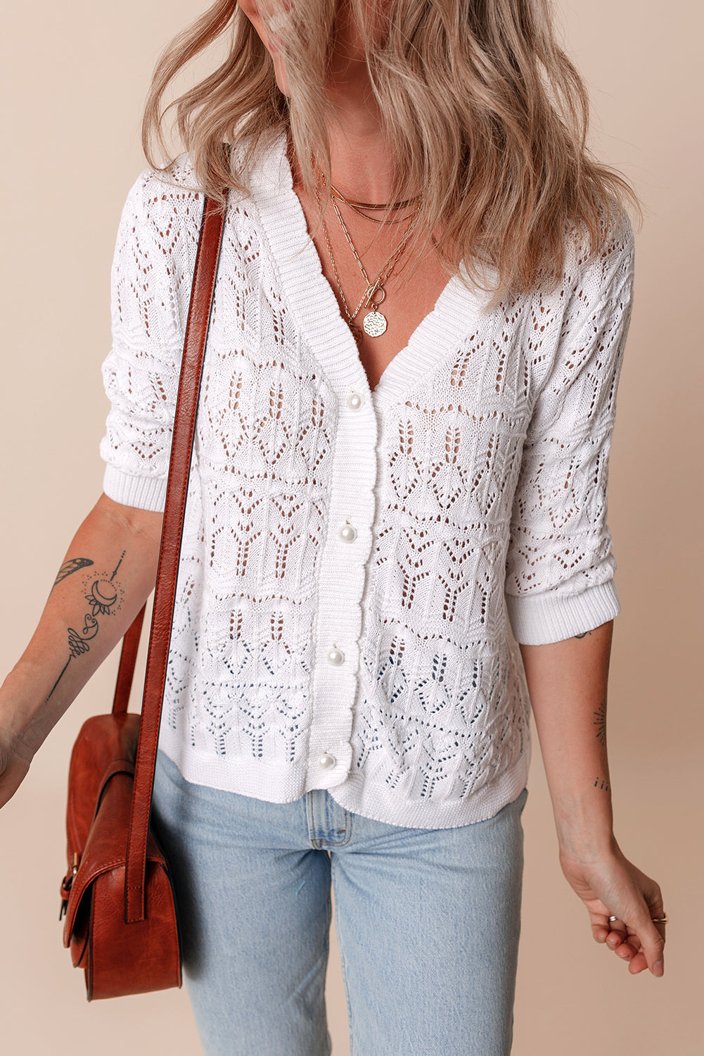 Cardigan tricoté a col en V ajouré Frenchy