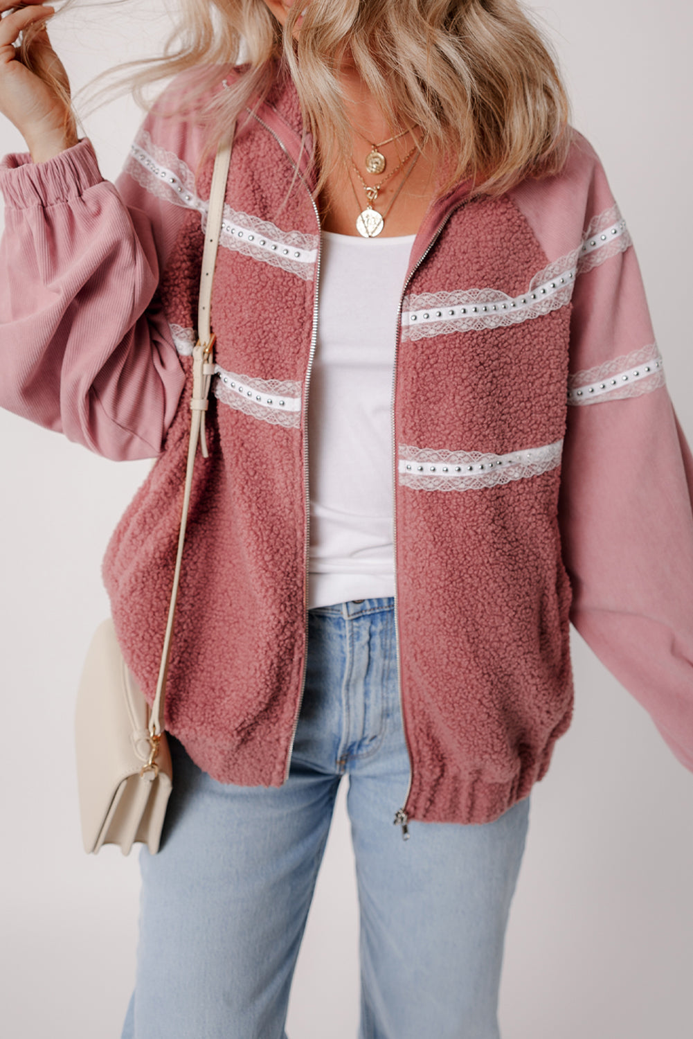 Veste zippée en sherpa patchwork en dentelle avec poignets élastiques