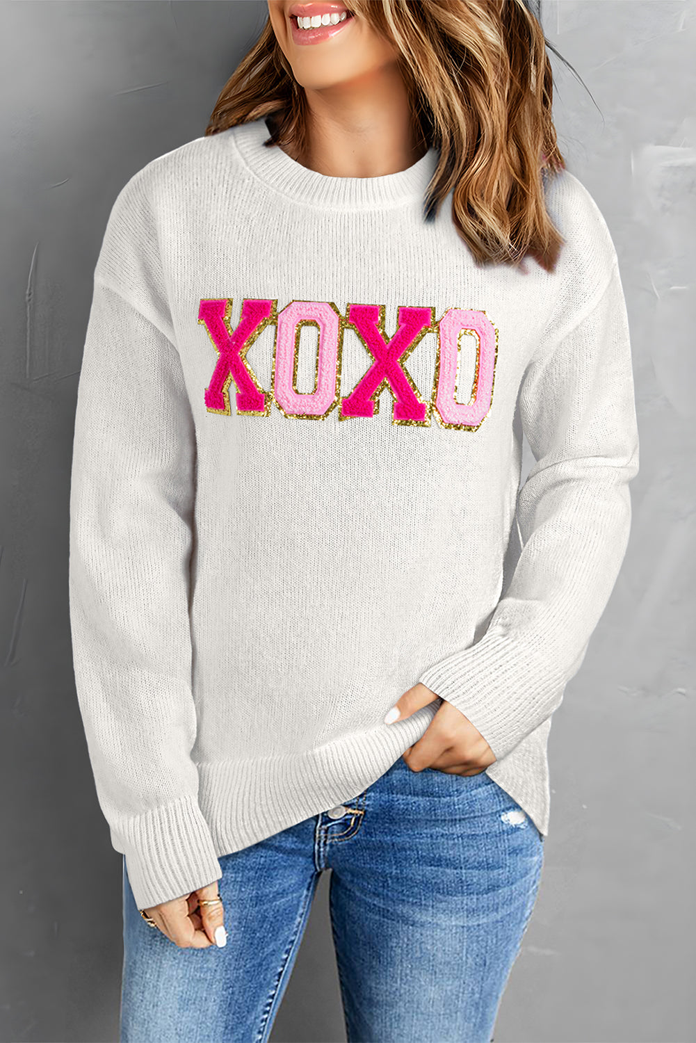 XOXO Pull décontracté a col rond imprimé pailleté