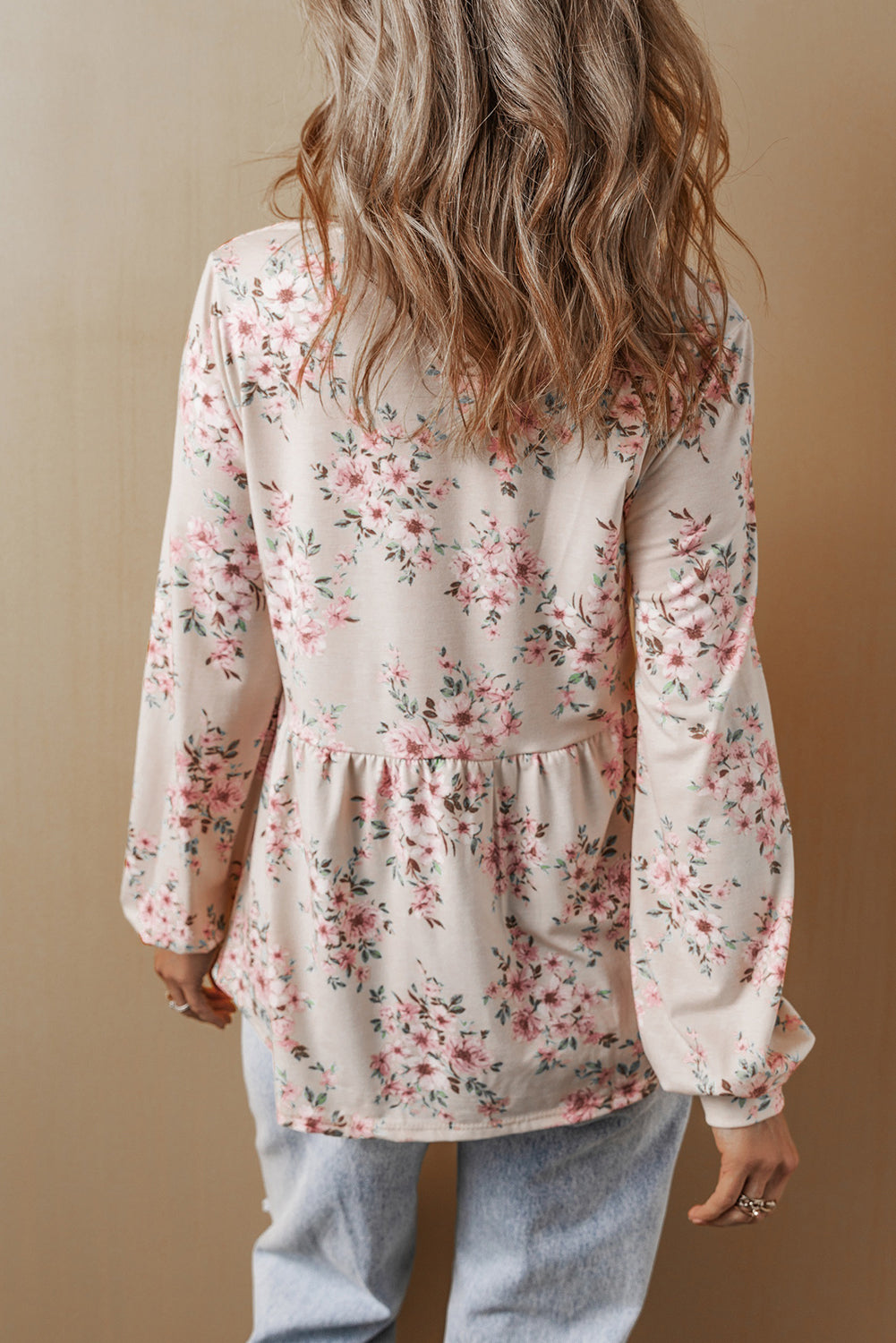 Blouse ample plissée a imprimé floral et col en U