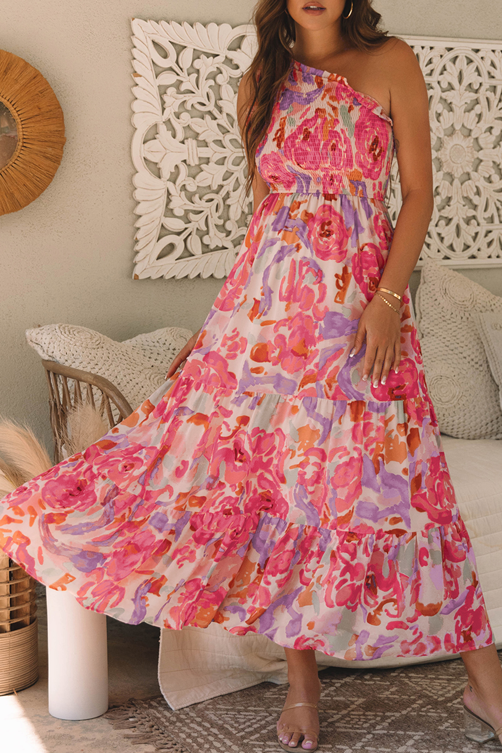 Robe longue asymétrique froncée à imprimé floral abstrait