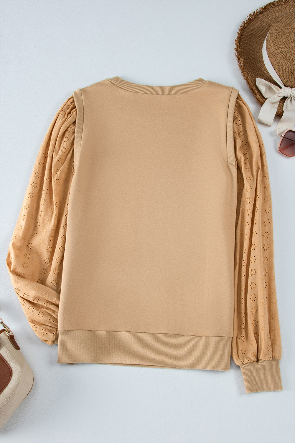 Sweat-shirt uni à manches patchwork et col rond