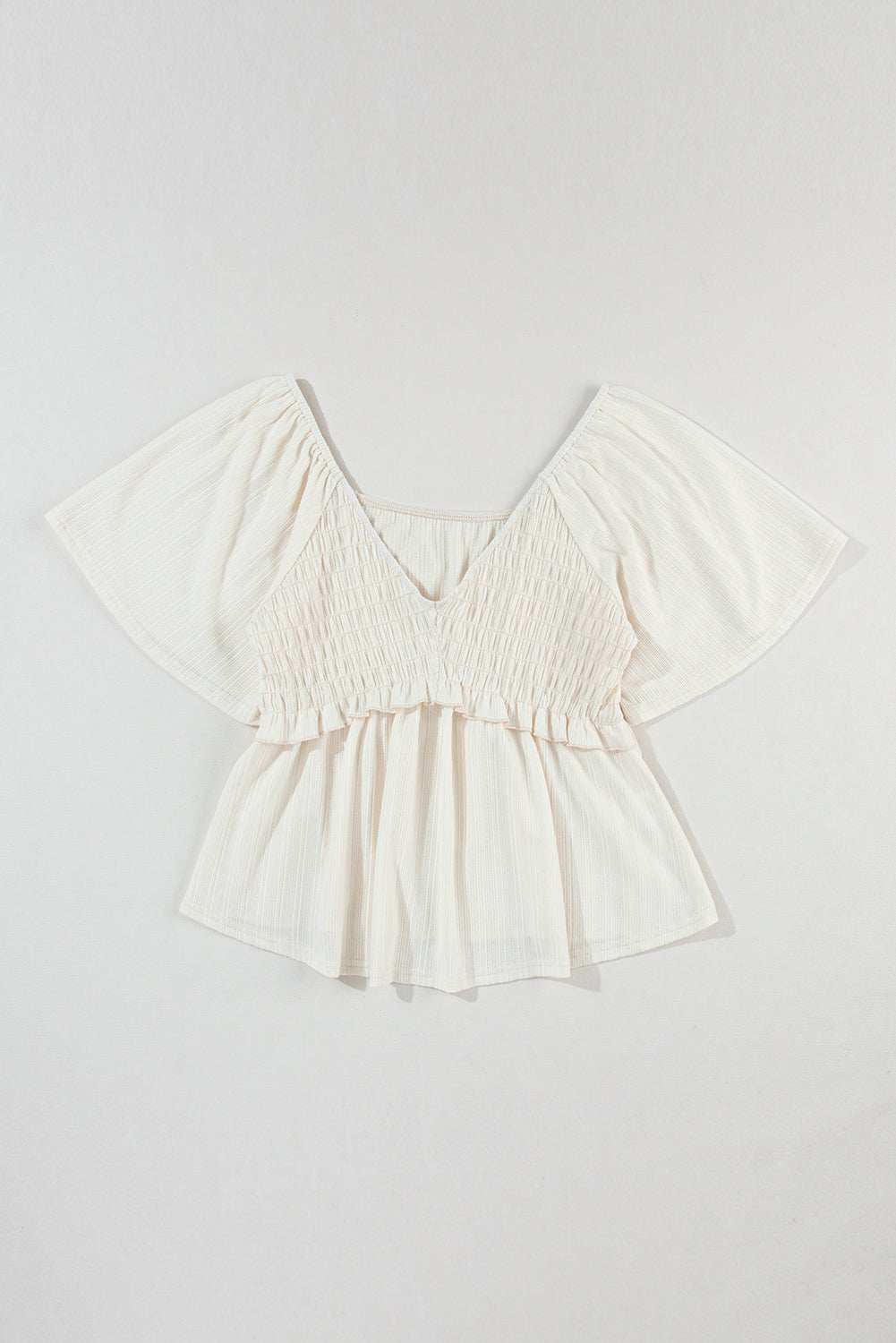 Blouse texturée froncée à col en V et manches courtes flottantes