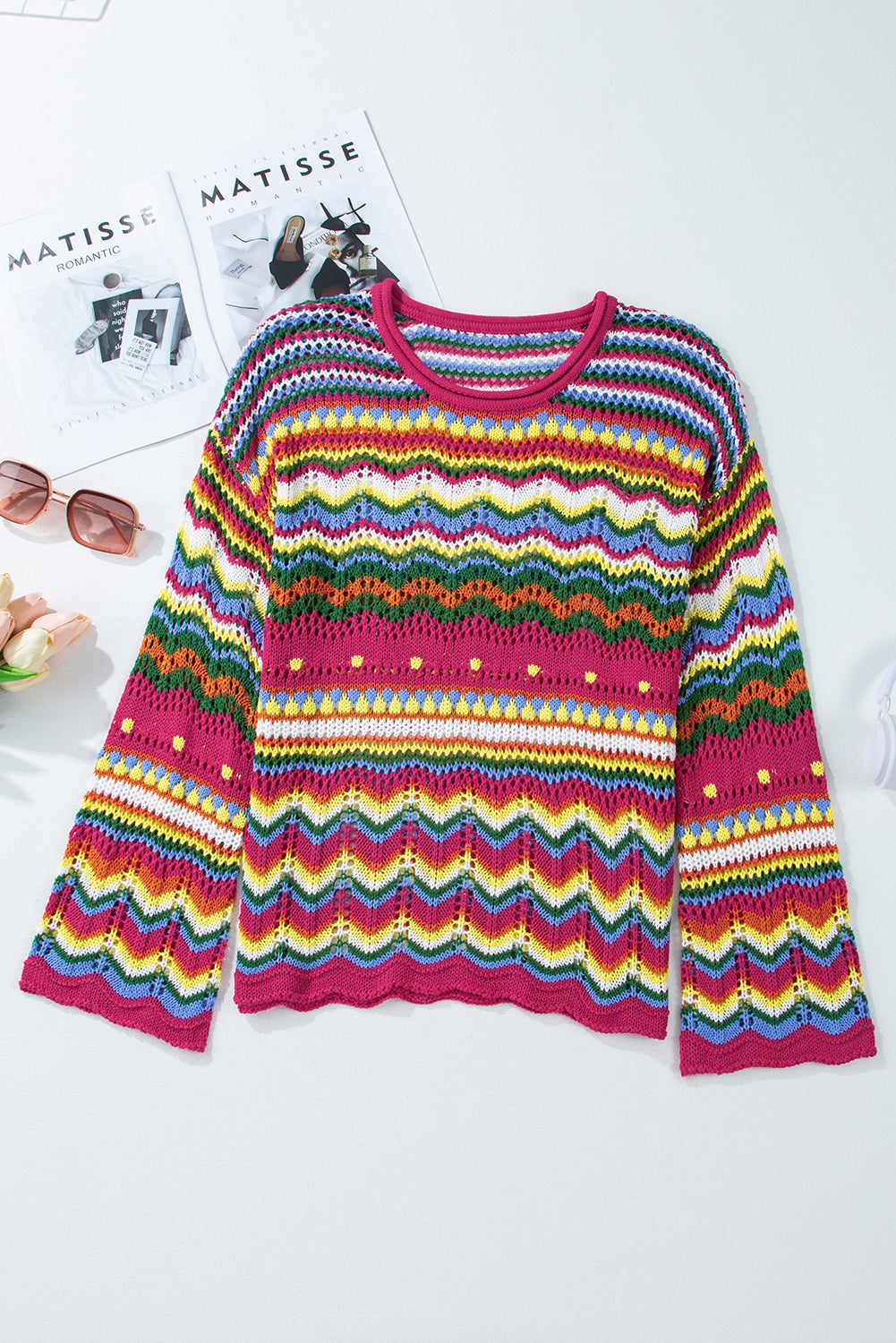 Pull a manches amples en tricot ajouré a rayures color block