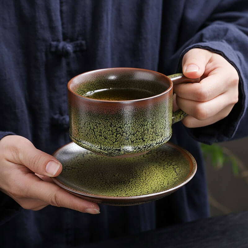 Green Partridge Jian Zhan Tenmoku Coffee Tea Cup and Saucers