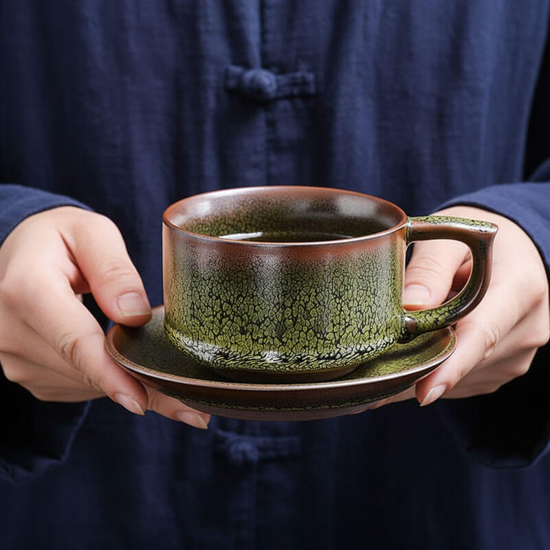 Green Partridge Jian Zhan Tenmoku Coffee Tea Cup and Saucers