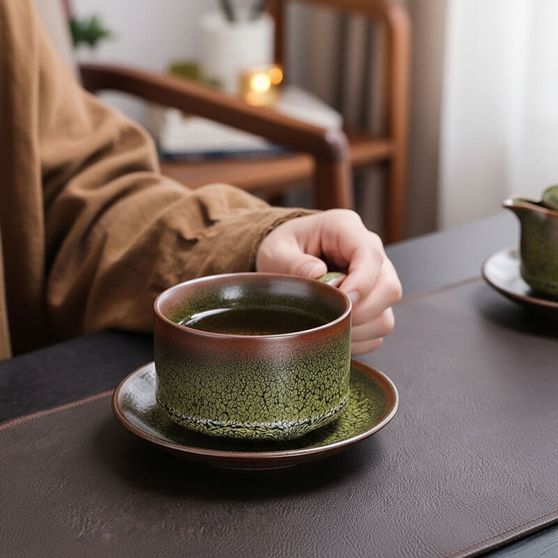 Green Partridge Jian Zhan Tenmoku Coffee Tea Cup and Saucers