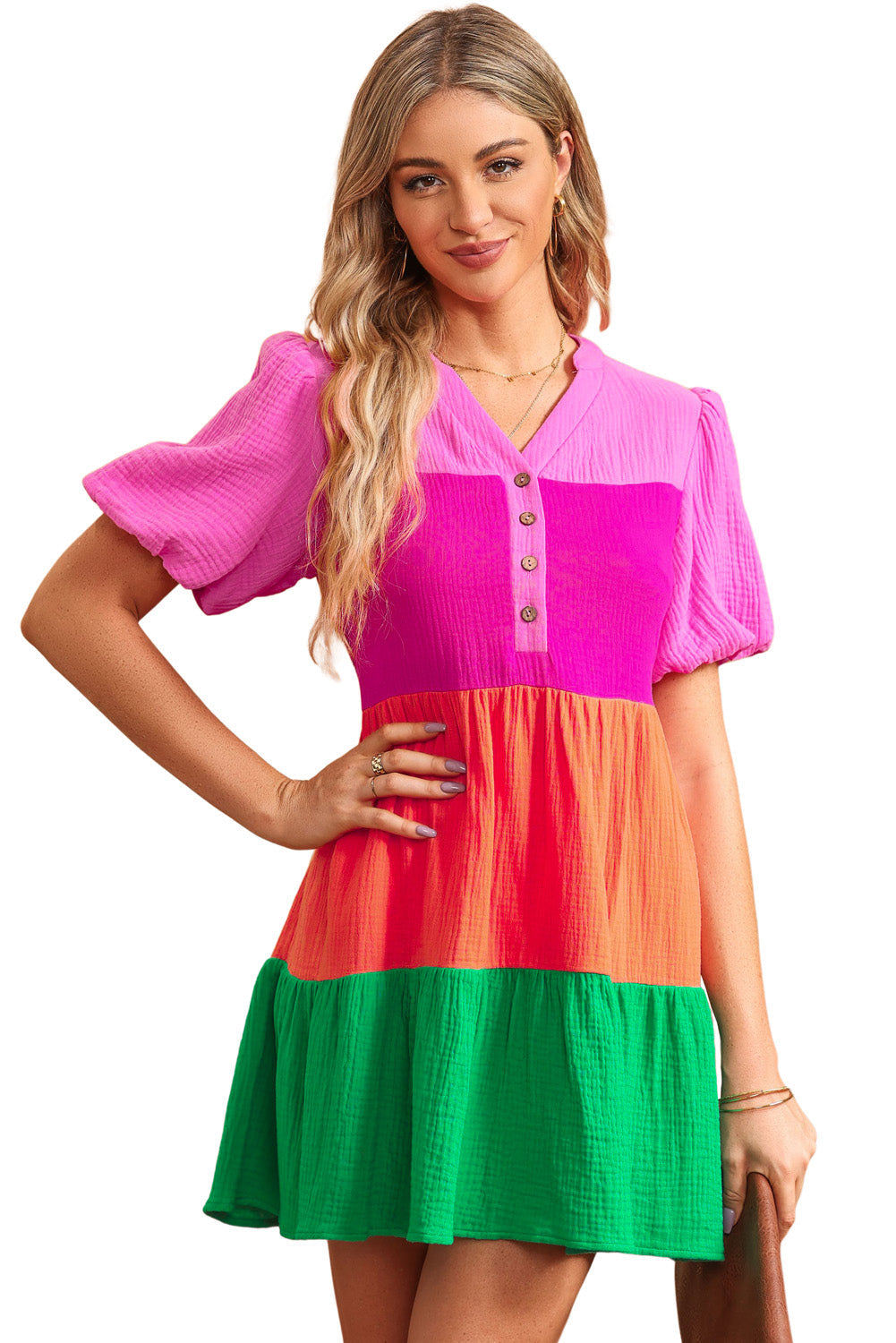 Chic Robe multicolore à blocs de couleurs et manches bouffantes