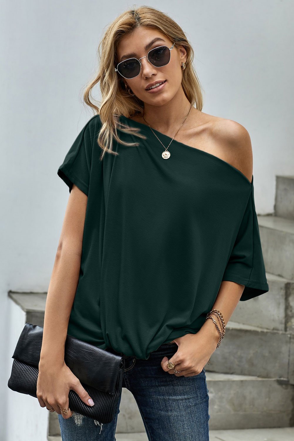 T-shirt Femme Vert Decontracte Epaules Denudees Manches Courtes