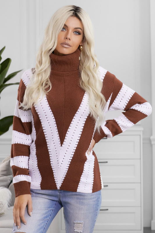 Pull Femme Col Roule a Rayures Marron et Blanc