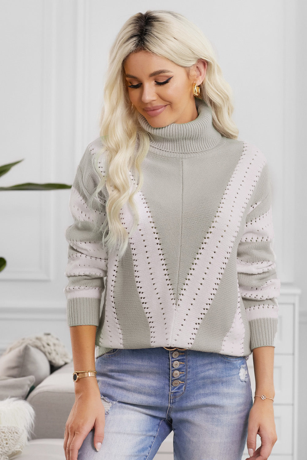 Pull Femme Col Roule a Rayures Gris et Blanc