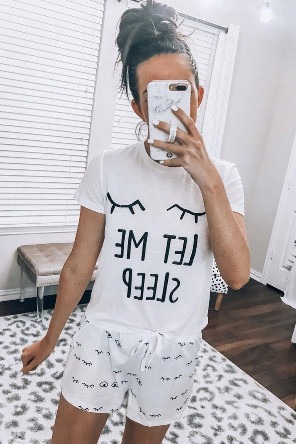 Ensemble Pyjama Short Femme Blanc T-shirt Slogan Cordon Coulissant
