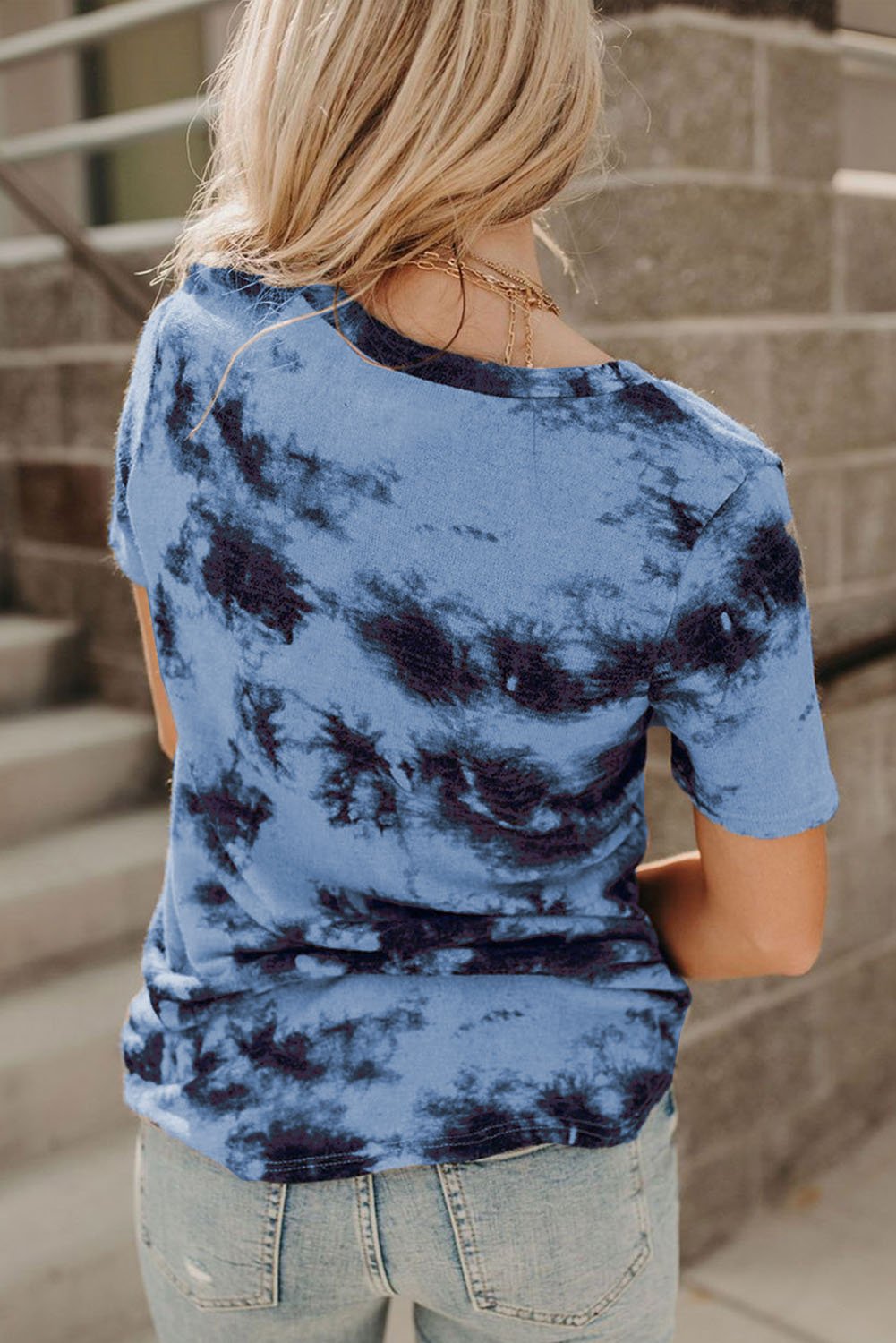 T-shirt Col en V Bleu Tie-dye Pour Femmes