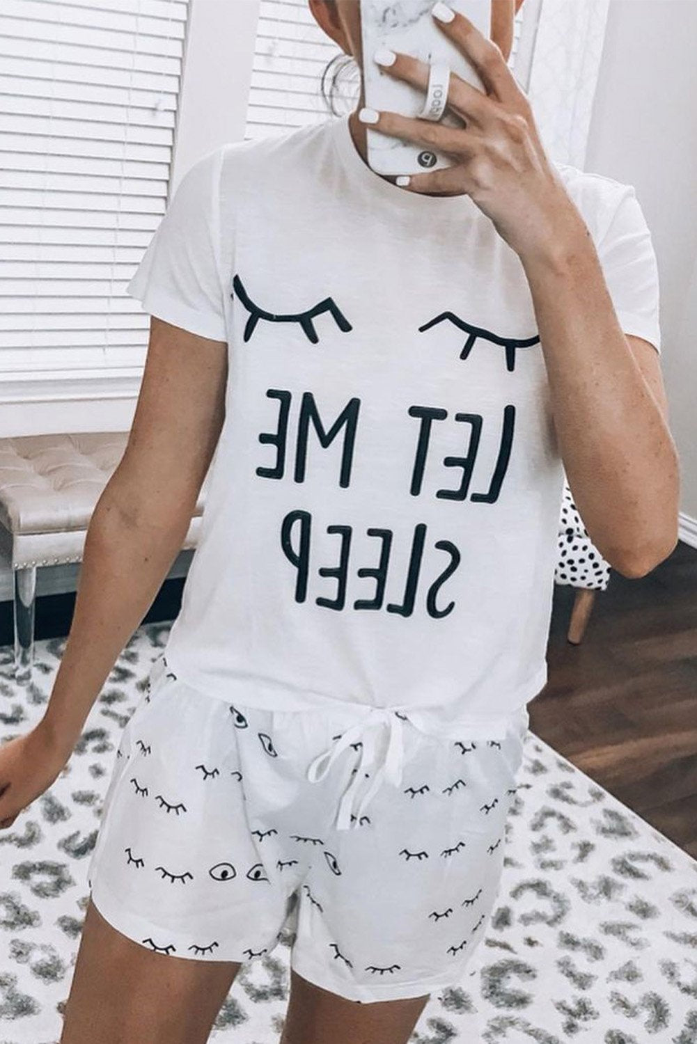 Ensemble Pyjama Short Femme Blanc T-shirt Slogan Cordon Coulissant